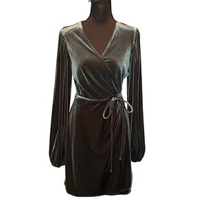 Gianni Bini Dark Green Velvet Wrap Mini Dress Smocked Shoulder  S Luxe Glam